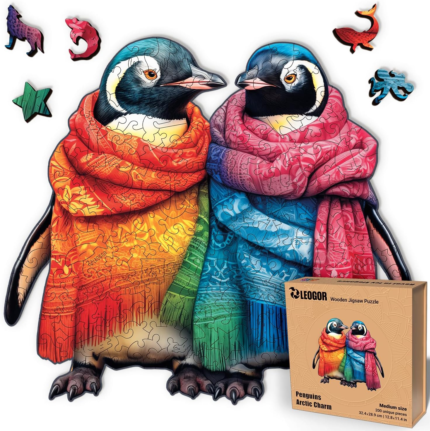 LEOGOR Wooden Puzzles for Adults, Extra-Thick 5 mm Wood Unique Penguin Puzzle 200 Pieces (12.8 × 11.4 in), Winter Mosaic Jigsaw with Odd Shaped Pieces, Colorful and Relaxing Gift for Adults and Teens