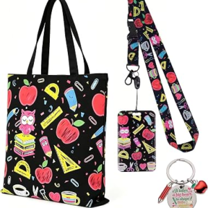 yuboo Teacher Tote Bag with Lanyard Badge Holder and Keychain Set, Back to School Teacher Gifts for Women,Teacher Canvas Bags