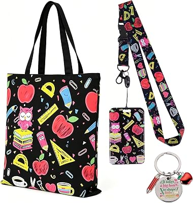 yuboo Teacher Tote Bag with Lanyard Badge Holder and Keychain Set, Back to School Teacher Gifts for Women,Teacher Canvas Bags