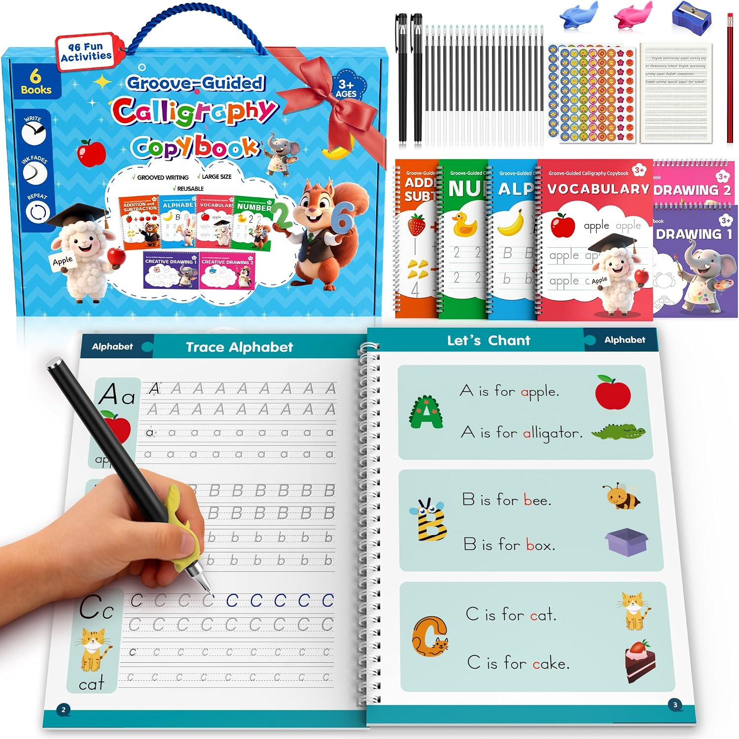 NexAmeri Grooved Handwriting Practice for Kids, Magic Grooved Writing Practice with Reusable Tracing Books, 96 Fun Activities, Sensory-Friendly Workbooks, Screen-Free Gift for Boys Girls Age 3-8.