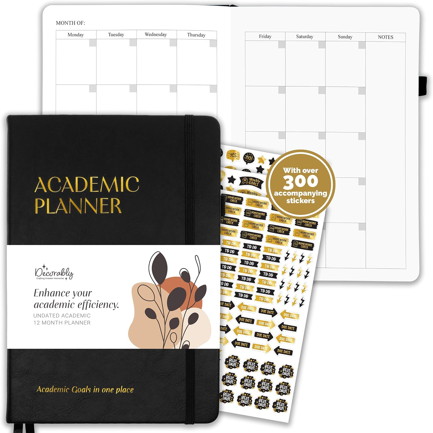Decorably 240 Pages Gold Foil Monthly & Weekly Undated College Student Planner with Stickers, 6x8.6in Leatherette Hardcover with Goals, Priorities, to-dos, Habit Tracker & Notes - Home, School, Office