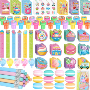 BenLouis 96Pcs Candyland Party Favors Ice Cream Donut Mini Notebook Stampers School Stationery Bulk for Kids Lollipop Sweet Treats Birthday Goodie Bags Pinata Filler Classroom Prizes Supplies