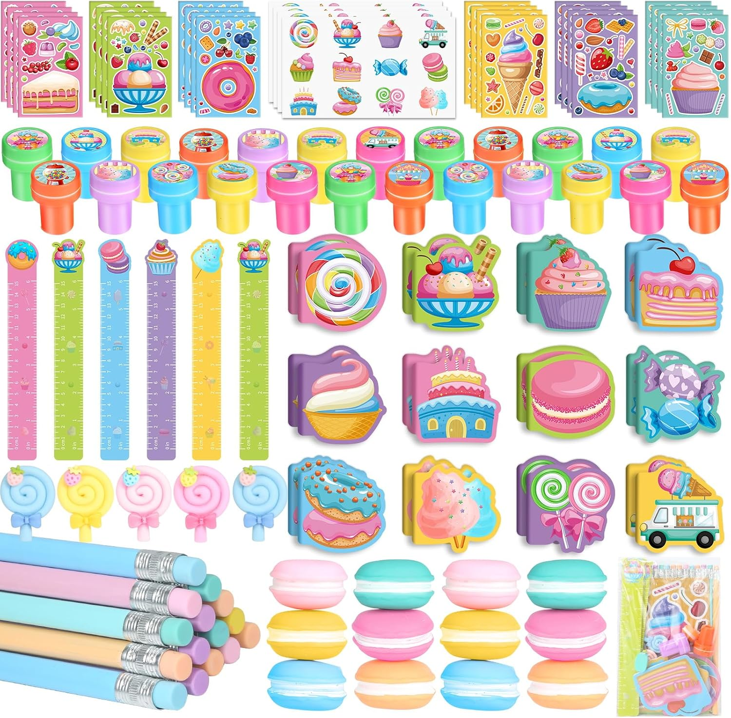 BenLouis 192Pcs Candyland Party Favors Ice Cream Donut Mini Notebook Stampers School Stationery Bulk for Kids Lollipop Sweet Treats Birthday Goodie Bags Pinata Filler Classroom Prizes Supplies
