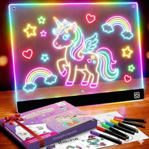 LED Drawing Board for Girls, Kids, 9.8″x7.9″ 7 Colors DIY Doodle Glow Note Board with 7 Pens, 10 Tracing Sheets – Unicorn Toys Gifts, Brithday Gift for Girl 4 5 6 7 8 9 Year Old, Light Up Pad Art Kit