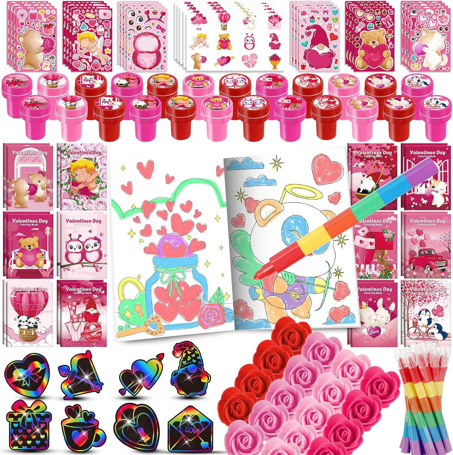 BenLouis Valentine's Day Gifts Set for Kids Hearts Coloring Book School Classroom Exchange Reward Prize Crafts Bulk for Students Valentine's Day Party Favors Goodie Bag Stuffers(192pcs)