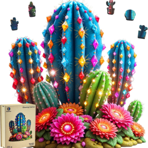Wooden Puzzles for Adults, Glowing Cactus Flower Wooden Jigsaw Puzzle 200 Pieces, Unique Shaped Wooden Puzzle, Creative Gift for Mom Friends Kids Family Game Night Home Decor 11 * 10.3in