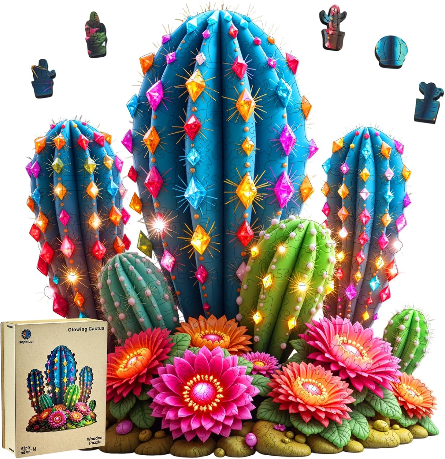 Wooden Puzzles for Adults, Glowing Cactus Flower Wooden Jigsaw Puzzle 200 Pieces, Unique Shaped Wooden Puzzle, Creative Gift for Mom Friends Kids Family Game Night Home Decor 11 * 10.3in