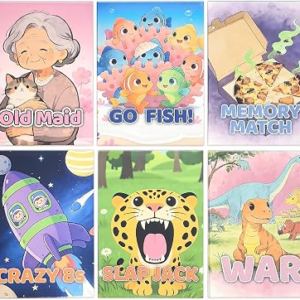 6-Pack Card Games for Kids, Go Fish, Old Maid, Crazy 8, Slap Jack, War | Memory Match Fun Family Games, Matching Game, Holiday Games, Playing Cards for Kids