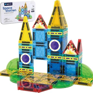 JIMI Mini Magnetic Tiles, Space Magnetic Building Blocks 42Pcs Travel Set with Iron Storage Box, STEM Educational Construction Toys for Boys Girls Ages 3 and Up Indoor Outdoor Building