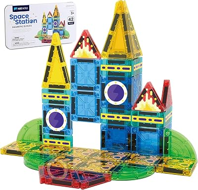 JIMI Mini Magnetic Tiles, Space Magnetic Building Blocks 42Pcs Travel Set with Iron Storage Box, STEM Educational Construction Toys for Boys Girls Ages 3 and Up Indoor Outdoor Building