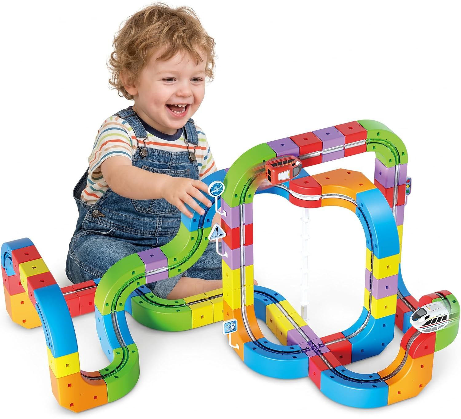Innovakids Electric Train Sets Racer Track, 121 PCS DIY Cubes Anti-Gravity Klick Rail 3D Infinity Track, STEM Traffic Blocks Trainset Gifts Toys for 3+ Years Old Kids(2 Trains + 67 Tracks + 52 Others)