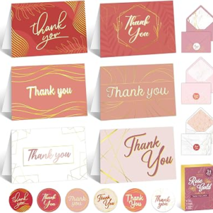 Decorably 24 Pack Foil 6x4in Rose Gold Thank You Cards with Envelopes & Stickers, 6 Elegant Designs for Friends, Loved Ones, Blank Inside – All Occasions, Wedding, Gifting, Mailing