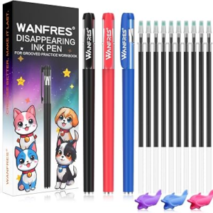 WANFRES Magic grooved writing practice, Magic pens for kids disappearing ink pen,30 refills 3 pens(With writing training aids)Pencil grip,Reusable grooved handwriting practice for kids,Magic Copybooks