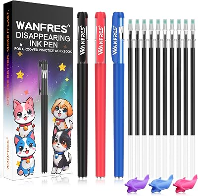 WANFRES Magic grooved writing practice, Magic pens for kids disappearing ink pen,30 refills 3 pens(With writing training aids)Pencil grip,Reusable grooved handwriting practice for kids,Magic Copybooks