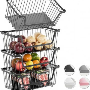 GAOKASE 4 Pcs Stackable Wire Baskets for Pantry Organizers and Storage,Vegetable Fruit Basket for Countertop,Kitchen Storage Metal Baskets,Produce Potato Onion Storage Bin-Black