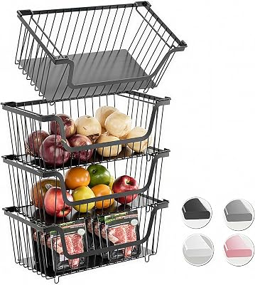 GAOKASE 4 Pcs Stackable Wire Baskets for Pantry Organizers and Storage,Vegetable Fruit Basket for Countertop,Kitchen Storage Metal Baskets,Produce Potato Onion Storage Bin-Black