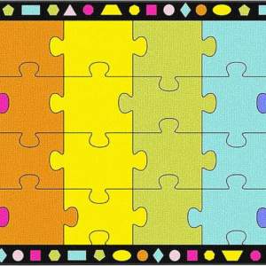 Booooom Jackson 7’6″ x 13’1″ Large Classroom Rug – 24 Seats Puzzle Carpet for Preschool, Daycare, Elementary, Fade & Stain Resistant Nylon Seating Rug with Shapes Border