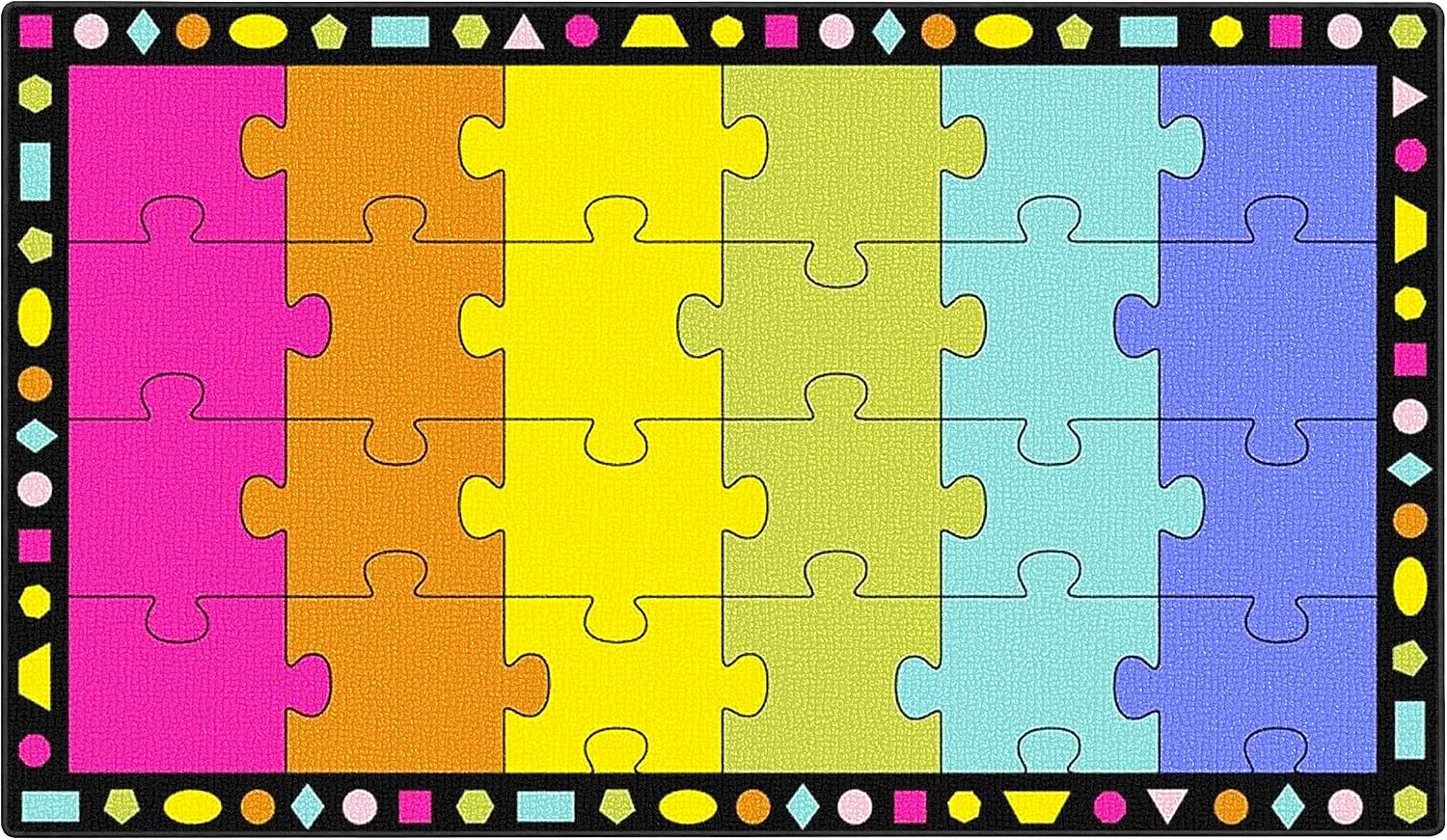 Booooom Jackson 7'6" x 13'1" Large Classroom Rug – 24 Seats Puzzle Carpet for Preschool, Daycare, Elementary, Fade & Stain Resistant Nylon Seating Rug with Shapes Border