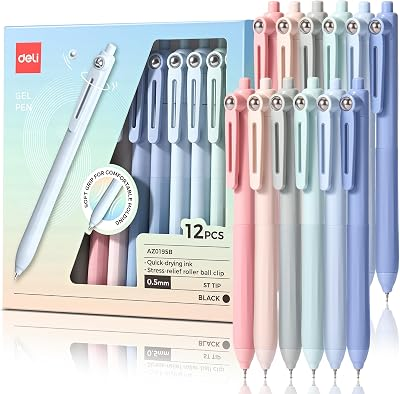 deli Gel Pens, 12 Pcs 0.5mm Fine Point Black Ink Pens | Smooth Writing ,Quick Dry, No Bleed for Journaling , Silent Click Fidget Pens, Soft Grip for School & Office Supplies