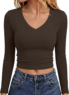 ANRABESS Long Sleeve V Neck Crop Tops