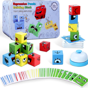 Montessori Puzzle Game for Kids – Wooden Face Changing Magic Cube Game, Educational Face Changing Cubes, 3+ Years (64 Cards, 16 Blocks, 1Bell)