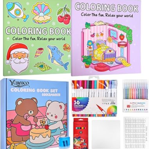 Coloring Books for Adults & Tween-2 Pack Set with 80 Animal Patterns, Complete Stress Relief Gift Kit with 36 Dual-Tip Markers, 12 Glitter pens & 12 Colored Pencils for Relaxation, Stress Relief Gift