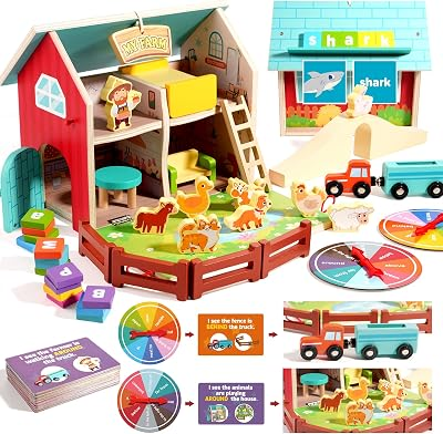 INIFEIDALA Montessori Farm Dollhouse for Toddlers 3-5, Wooden Farm Animals Playset for Storytelling, Pretend Play & Language Development