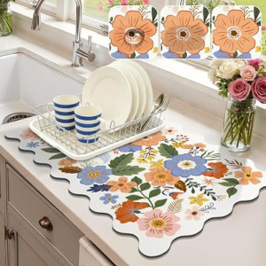 LOKHOM Scalloped Floral Dish Drying Mat, 12″x20″ Super Absorbent Coffee Mat with Unique Spring Wildflowers, Cuttable Hide Stain Non-slip Drying Mat for Kitchen Counter Coffee Maker Espresso Machine