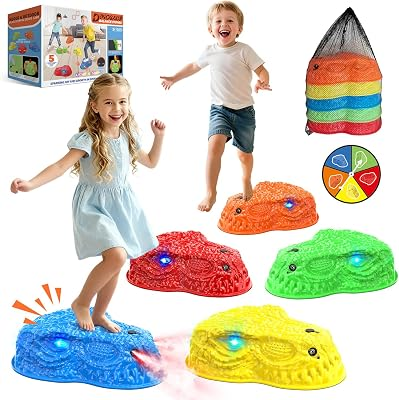 Dinosaur Toys for Kids 3-5, Mist Spraying Dino Roaring & Light up Stepping Stones for Kids, Indoor & Outdoor Durable Non-Slip Sensory Balance Stones Toy for Promoting Coordination, Great Toddlers Gift