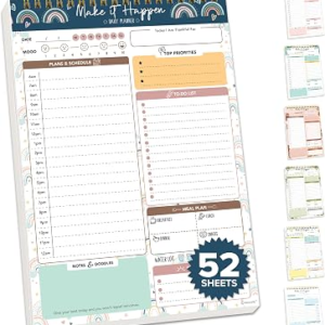 Decorably 52 Sheets Boho Rainbow Undated Daily Notepad – 6.5x10in Spring-Bound Planner, Easy Tear-Off, for Schedule, Priorities, to Dos, Agenda, Water Intake, Meals, Notes & Doodles – Home, Office