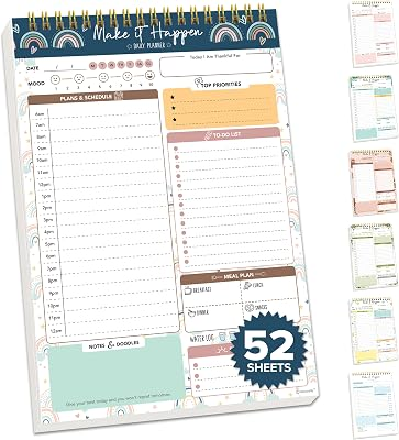 Decorably 52 Sheets Boho Rainbow Undated Daily Notepad - 6.5x10in Spring-Bound Planner, Easy Tear-Off, for Schedule, Priorities, to Dos, Agenda, Water Intake, Meals, Notes & Doodles - Home, Office