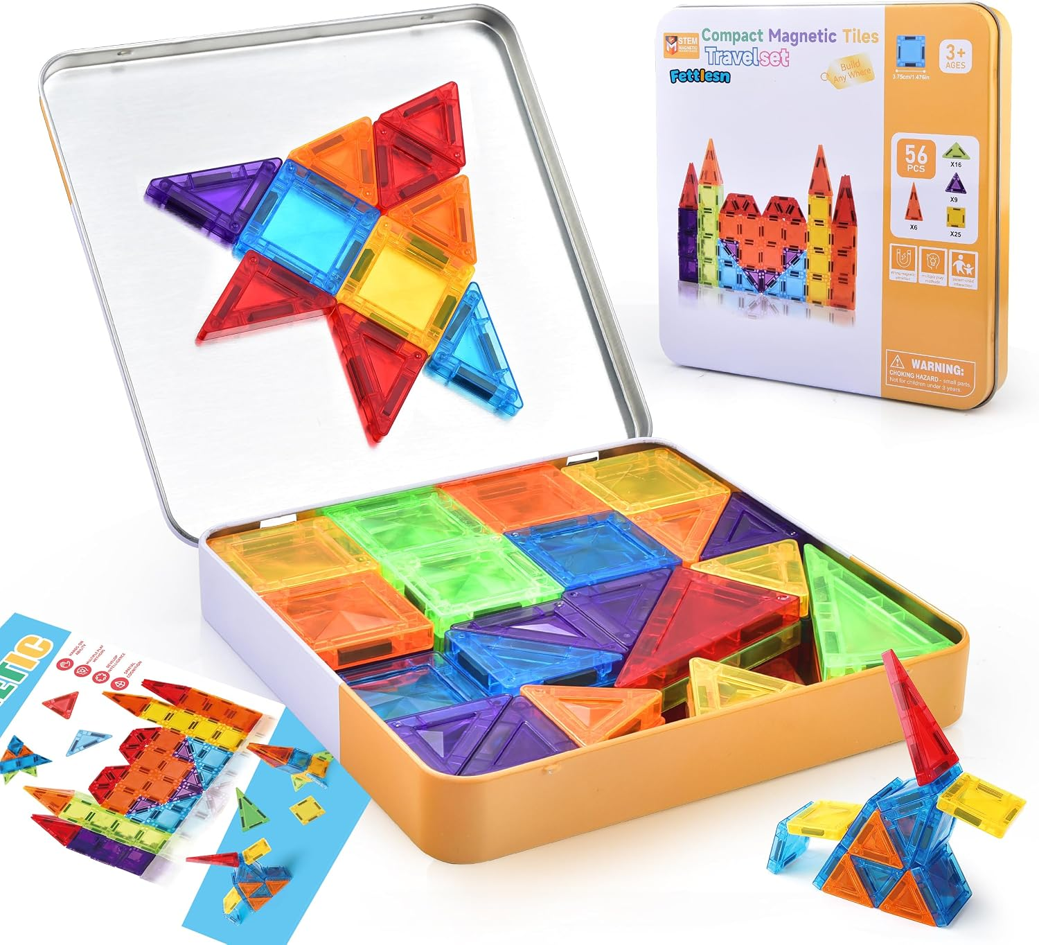 FETLLESN Travel-Friendly Mini Magnetic Tiles with Portable Magnetic Case - Educational Toys for Kids at Home, Car & Travel 56PCS