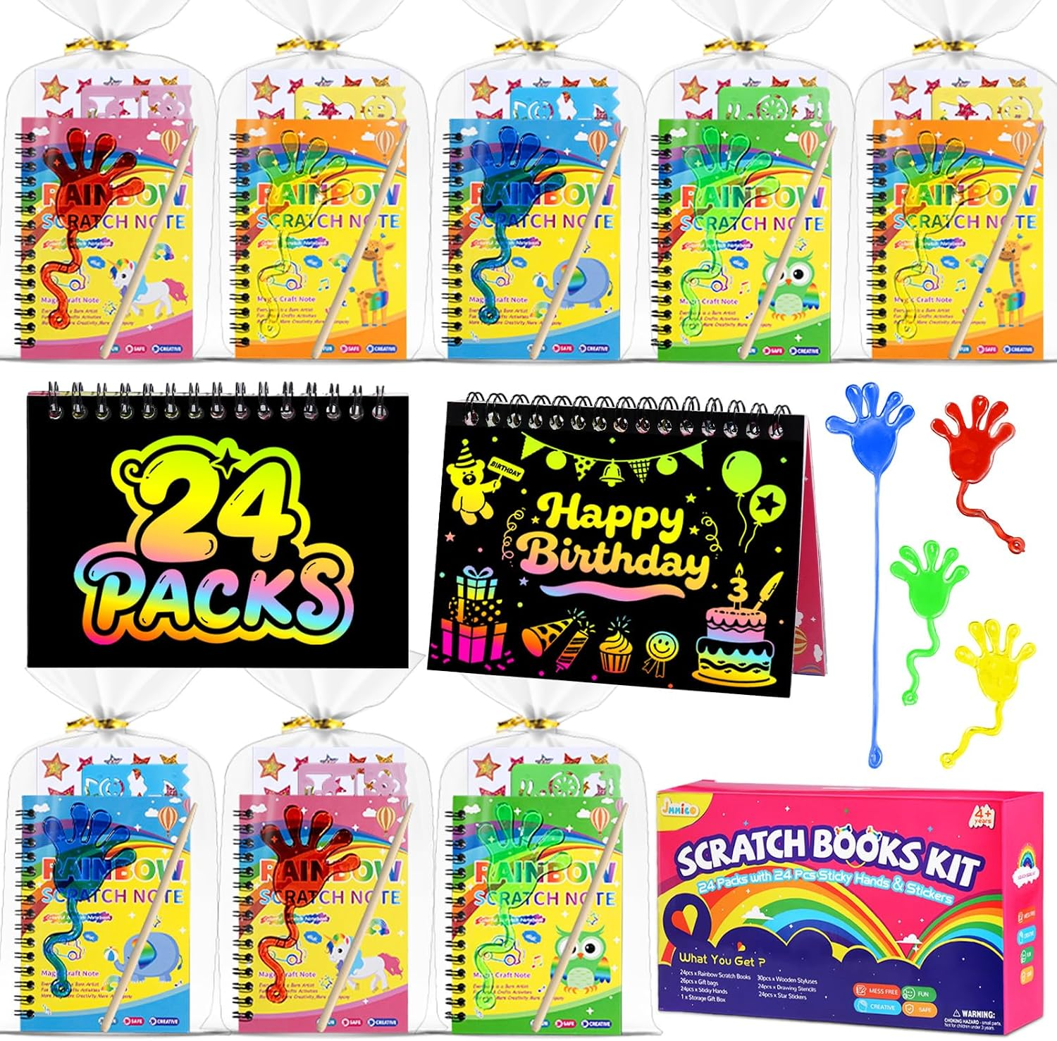 JMMICO 24*3 Pack Scratch Art Notebook+Sticky Hands+Stickers, Party Favors