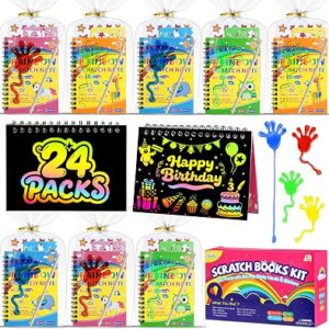 JMMICO 24*3 Pack Scratch Art Notebook+Sticky Hands+Stickers, Party Favors