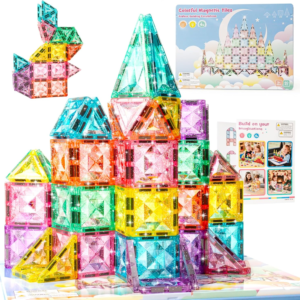 Magnetic Tiles Building Blocks for Kids Ages 3-8, Diamond Surface Travel Set with Metal Storage Box, 60PCS STEM Montessori Educational Learning Toys Gifts