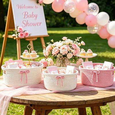 yuboo Set of 3 Woven Cotton Rope Storage Baskets with Bows - Pink and White Nursery Toy Organizer & Newborn Diaper Caddy - Elegant Baby Shower Basket & Cozy Home Decor