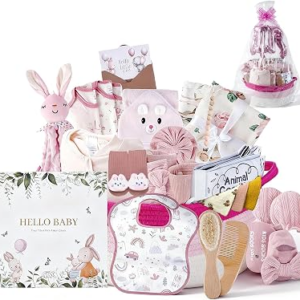 25-Pcs Luxury Baby Girl Gift Basket Set, 0-12M Baby Girl Gifts | Baby Shower Gifts with Keepsake Memory Book, Ultimate Newborn Essentials in Woven Basket for Unforgettable Welcome Mom Gift
