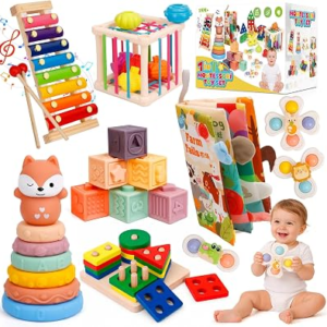 Montessori Baby Toys for Toddlers 1-3 | 7-in-1 Educational Activity Toy Set with Soft Cloth Book, Stacking Blocks & Learning Toys, Birthday Gifts for Boys Girls