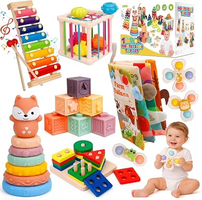 Montessori Baby Toys for Toddlers 1-3 | 7-in-1 Educational Activity Toy Set with Soft Cloth Book, Stacking Blocks & Learning Toys, Birthday Gifts for Boys Girls