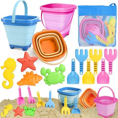 Dreamon Beach Toys for Kids 3-10, Collapsible Sand Castle Toys for Beach Include 3 Pack Foldable Buckets, Shovels Molds and Storage Mesh Bag, Sandbox Travel Toy for Toddlers Kids