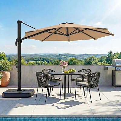 LAUSAINT HOME 10FT Cantilever Patio Umbrella, 360° Rotation Offset Outdoor Umbrella with Aluminum Frame, Square Umbrella with Tilt for Backyard, Pool, Deck, Garden(Round Khaki)