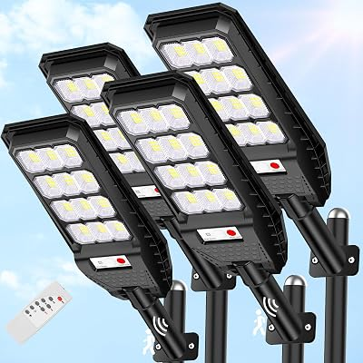 VUAA 4 Pack Solar Street Lights Outdoor Waterproof, 6500K 6000LM LED Street Light Dusk to Dawn,Solar Motion Sensor Lights Outdoor Wide Angle Light with Remote Control for Parking Lot Yard