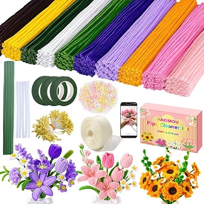 800 PCS Pipe Cleaner Craft kit, Pipe Cleaner Flower Kit with Instruction,10 Color Chenille Stems, DIY Art Craft Supplies,Handmade Gifts, with Pearl, Flower stem,Tape, Stamen