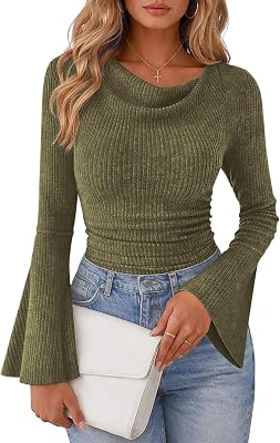 LAZYSMILE Cowl Neck Ribbed Knit Shirts