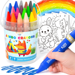 Shuttle Art Jumbo Crayons for Toddlers, 18 Colors Triangle Crayons with Coloring Sheets & PDF Pages, Non Toxic Washable for kids, Coloring Gifts & Mess-Free Art Supplies
