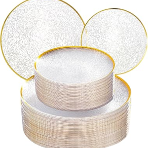 Licaere 60Pcs Clear Plastic Plates – Clear Disposable Plates With Gold Rim – Heavy-duty Gold Plates, Party Plates Include 30Clear Dessert-Platos,30Dinner-Platos for Wedding ＆ Party