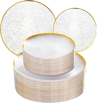 Licaere 60Pcs Clear Plastic Plates - Clear Disposable Plates With Gold Rim - Heavy-duty Gold Plates, Party Plates Include 30Clear Dessert-Platos,30Dinner-Platos for Wedding & Party