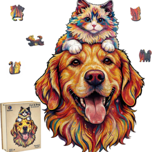 Cat and Dog Wooden Puzzles for Adults, Funny Animal Wooden Jigsaw Puzzles for Adults 200 Piece, Unique Shape Wood Cut Puzzle, Fun Challenging Puzzle Gift for Friends Family Game Home Decor 11 * 7.7 in