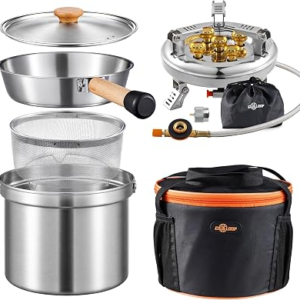 Camping Cookware Set with Stove, Stainless Steel Outdoor Cooking Kit with Pot, Strainer Pot, Frying Pan, Adapter and Storage Bag, Portable Camping Pots and Pans Set for Camping, Hiking, Backpacking