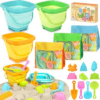 Beach Toys for Kids Toddlers, 3 Collapsible Sand Buckets and Shovels Set
